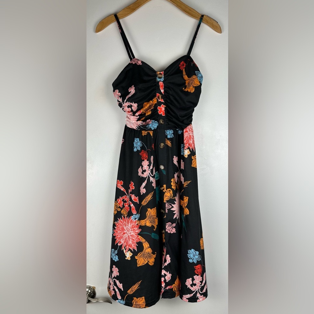 Floral Button Front Sundress Black Sleeveless Spaghetti Strap Boho Small Ruched